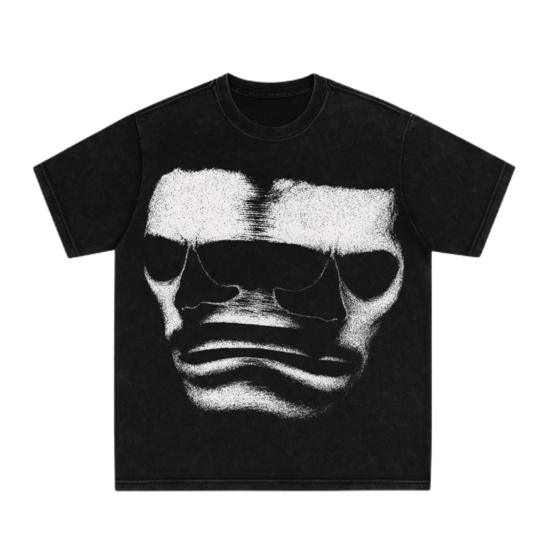 Dark Abstract Face Acid Wash Oversized Tee
