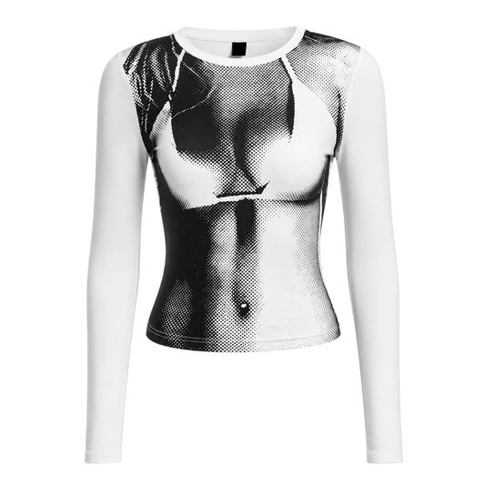 Halftone Print Fitted Long Sleeve Top